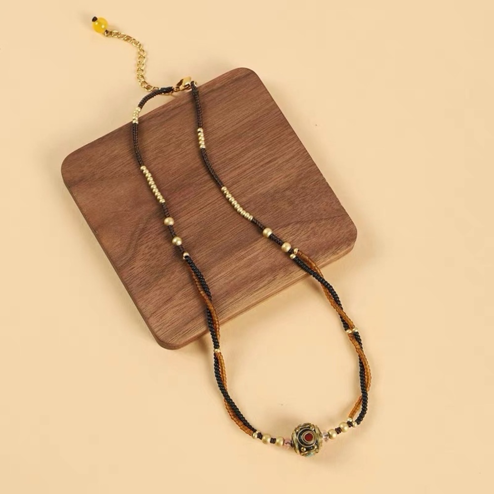 Handmade Black and Brown Beaded Pendant Necklace